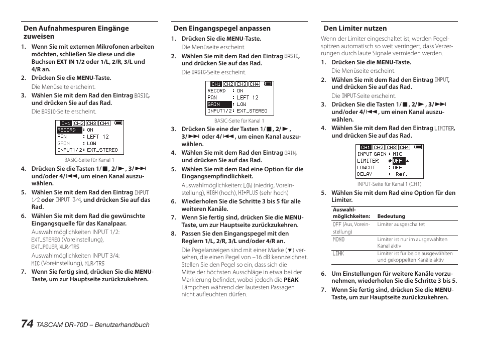 Den aufnahmespuren eingänge zuweisen, Den eingangspegel anpassen, Den limiter nutzen | Teac DR-70D User Manual | Page 74 / 128