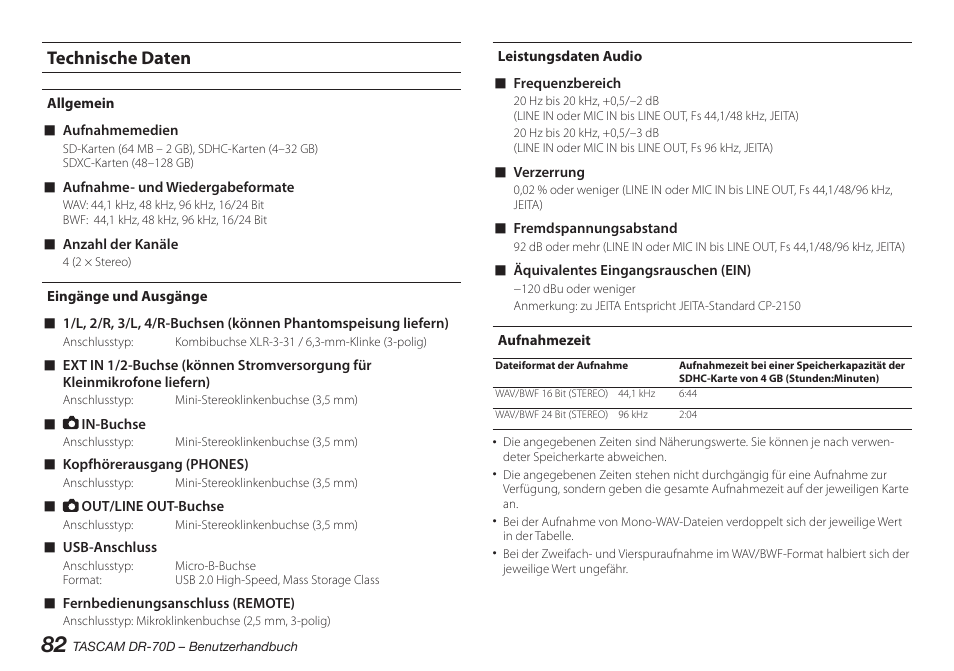 Technische daten, Allgemein, Eingänge und ausgänge | Leistungsdaten audio, Aufnahmezeit | Teac DR-70D User Manual | Page 82 / 128