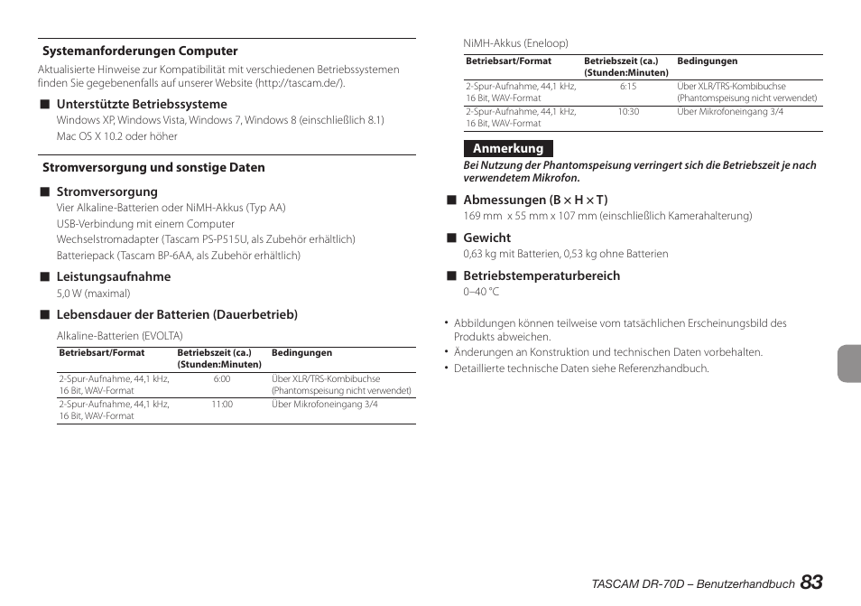 Systemanforderungen computer, Stromversorgung und sonstige daten | Teac DR-70D User Manual | Page 83 / 128