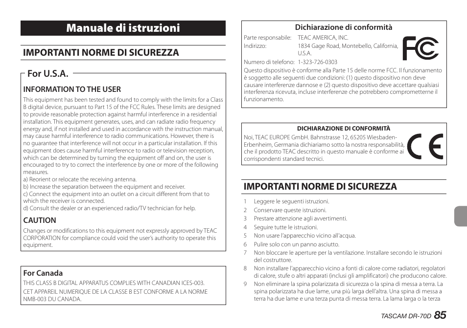 Italiano, Manuale di istruzioni, Importanti norme di sicurezza | For u.s.a | Teac DR-70D User Manual | Page 85 / 128