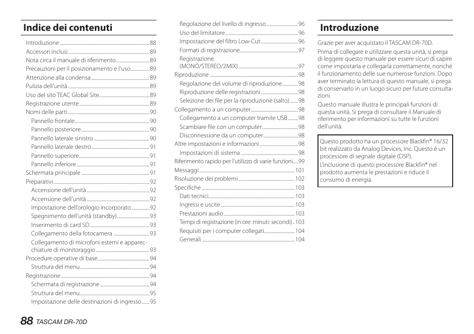 Introduzione, Indice dei contenuti | Teac DR-70D User Manual | Page 88 / 128