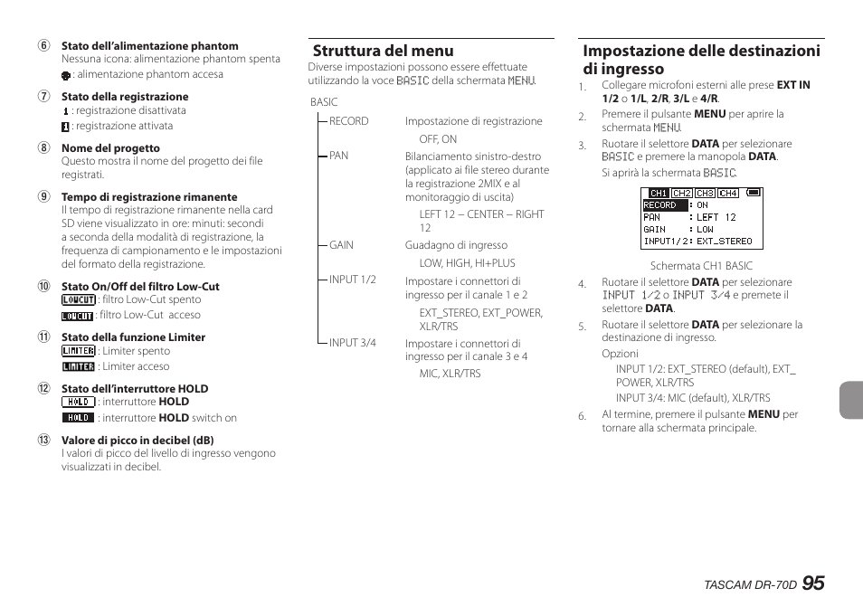 Struttura del menu, Impostazione delle destinazioni di ingresso | Teac DR-70D User Manual | Page 95 / 128