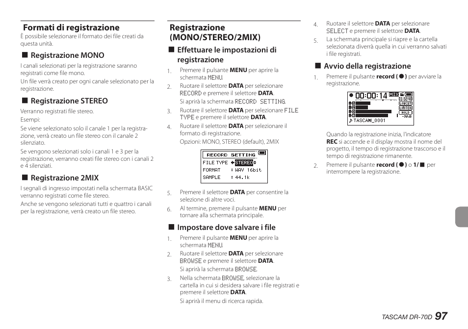 Formati di registrazione, Registrazione (mono/stereo/2mix), Formati di registrazione registrazione | Mono/stereo/2mix) | Teac DR-70D User Manual | Page 97 / 128