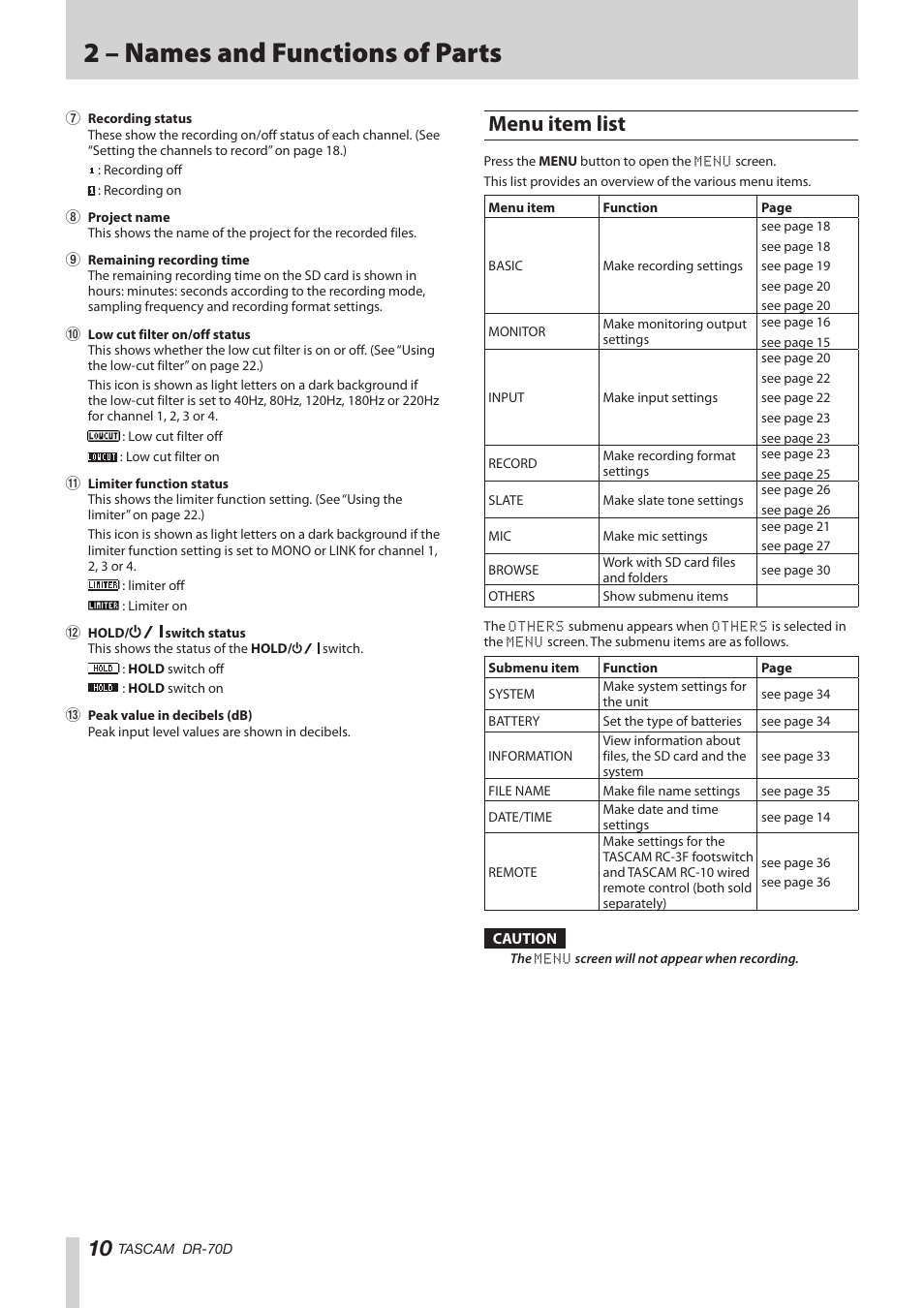 Menu item list, 2 – names and functions of parts | Teac DR-70D Reference Manual User Manual | Page 10 / 42