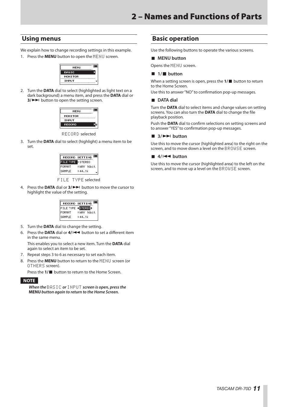 Using menus, Basic operation, Using menus basic operation | 2 – names and functions of parts | Teac DR-70D Reference Manual User Manual | Page 11 / 42