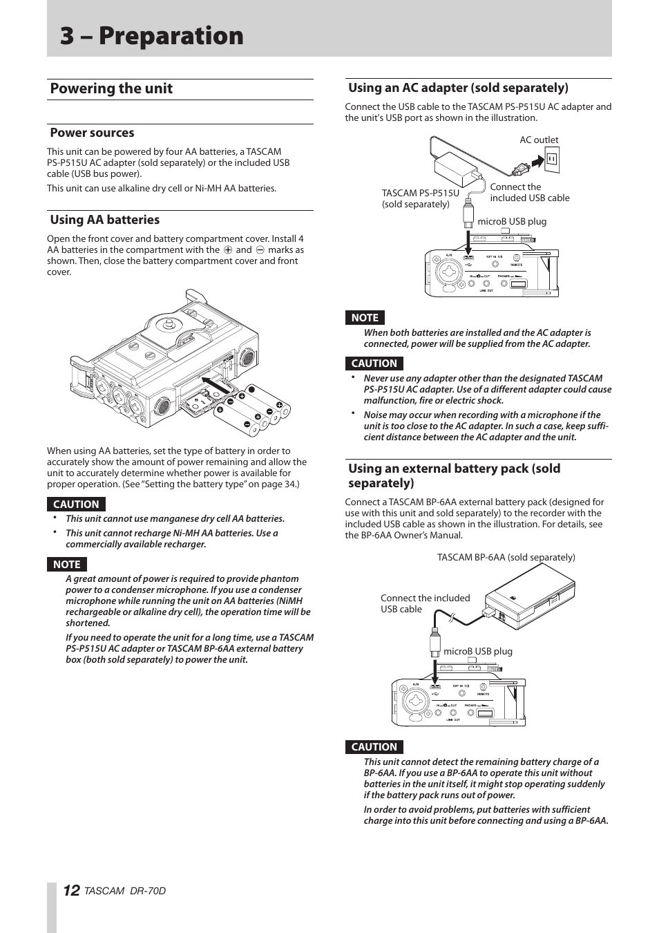 3 – preparation, Powering the unit, Power sources | Using aa batteries, Using an ac adapter (sold separately), Using an external battery pack (sold separately), Sold separately) | Teac DR-70D Reference Manual User Manual | Page 12 / 42