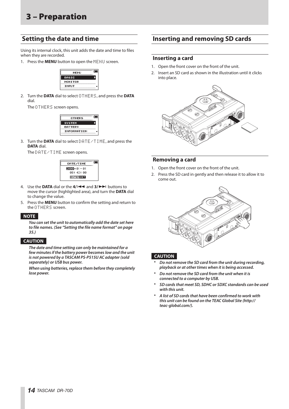 Setting the date and time, Inserting and removing sd cards, Inserting a card | Removing a card, Inserting a card removing a card, 3 – preparation | Teac DR-70D Reference Manual User Manual | Page 14 / 42