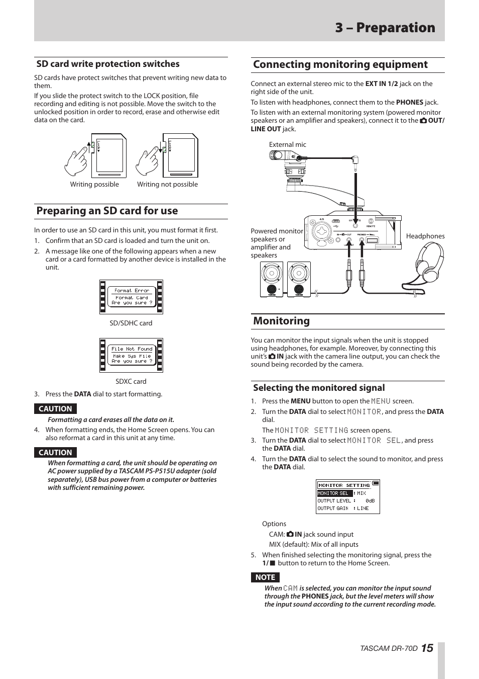 Sd card write protection switches, Preparing an sd card for use, Connecting monitoring equipment | Monitoring, Selecting the monitored signal, 3 – preparation | Teac DR-70D Reference Manual User Manual | Page 15 / 42