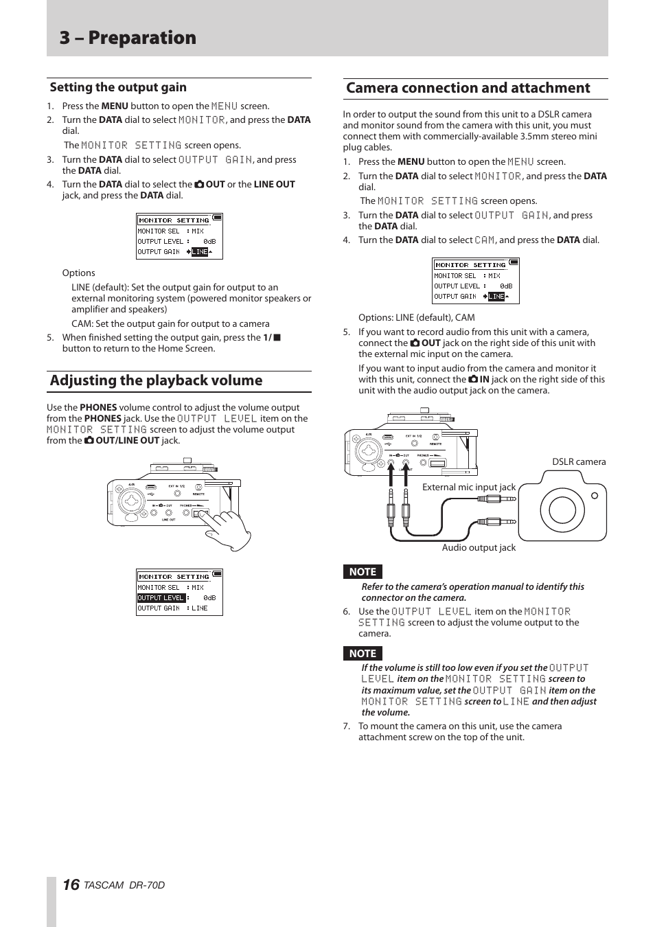 Setting the output gain, Adjusting the playback volume, Camera connection and attachment | See “camera connection and, 3 – preparation | Teac DR-70D Reference Manual User Manual | Page 16 / 42