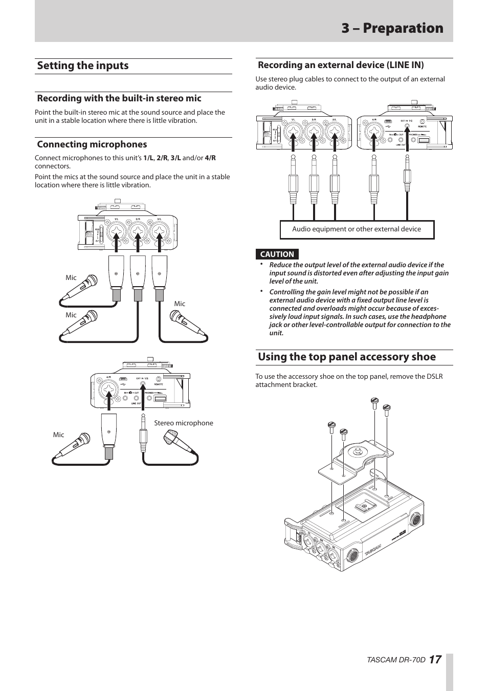 Setting the inputs, Recording with the built-in stereo mic, Connecting microphones | Recording an external device (line in), Using the top panel accessory shoe, 3 – preparation | Teac DR-70D Reference Manual User Manual | Page 17 / 42