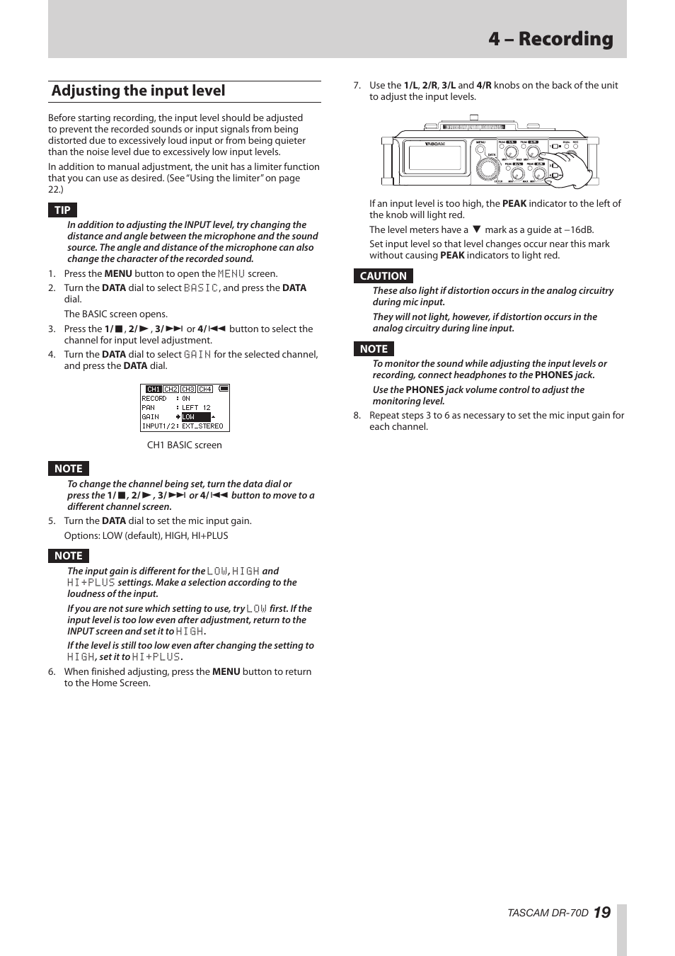 Adjusting the input level, 4 – recording | Teac DR-70D Reference Manual User Manual | Page 19 / 42