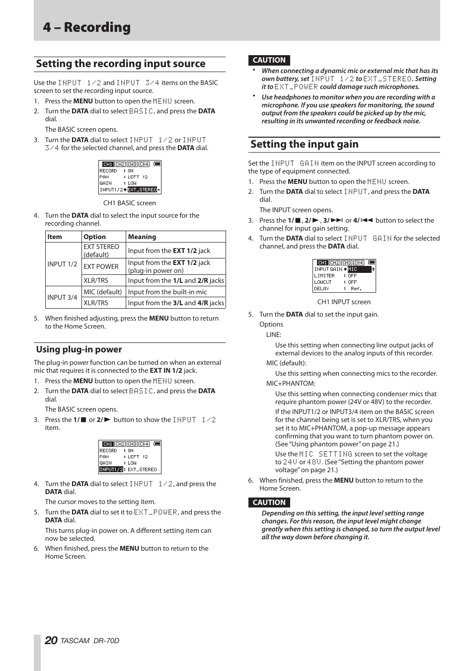 Setting the recording input source, Using plug-in power, Setting the input gain | 4 – recording | Teac DR-70D Reference Manual User Manual | Page 20 / 42