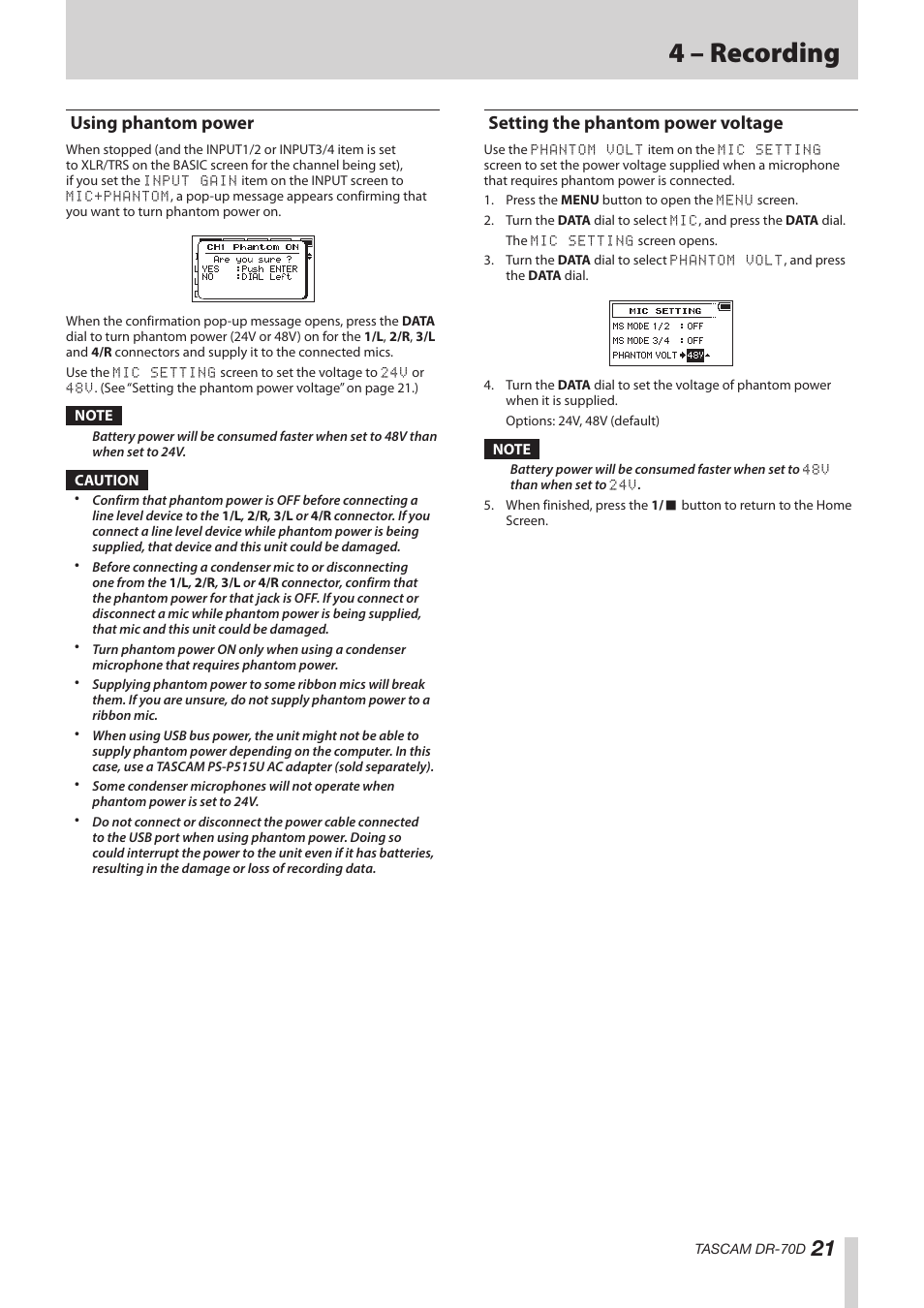 Using phantom power, Setting the phantom power voltage, See “using | See “setting the phantom power, 4 – recording | Teac DR-70D Reference Manual User Manual | Page 21 / 42