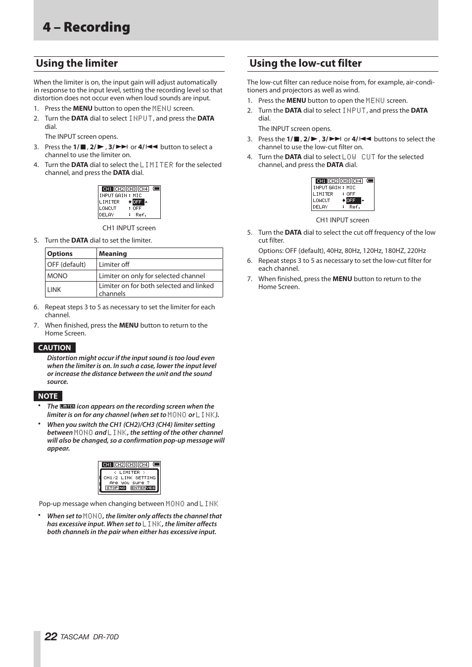 Using the limiter, Using the low-cut filter, Using the limiter using the low-cut filter | See “using, See “using the, 4 – recording | Teac DR-70D Reference Manual User Manual | Page 22 / 42