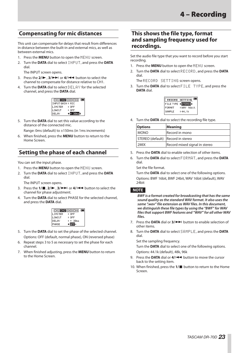 Compensating for mic distances, Setting the phase of each channel, Frequency used for recordings | 4 – recording | Teac DR-70D Reference Manual User Manual | Page 23 / 42