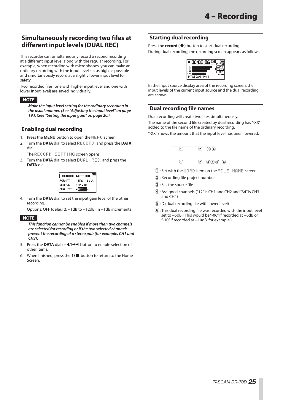 Enabling dual recording, Starting dual recording, Dual recording file names | Simultaneously recording two files at different, Input levels (dual rec), 4 – recording | Teac DR-70D Reference Manual User Manual | Page 25 / 42