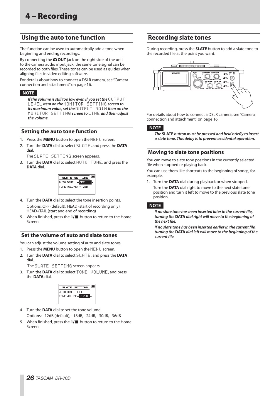 Using the auto tone function, Setting the auto tone function, Set the volume of auto and slate tones | Recording slate tones, Moving to slate tone positions, 4 – recording | Teac DR-70D Reference Manual User Manual | Page 26 / 42