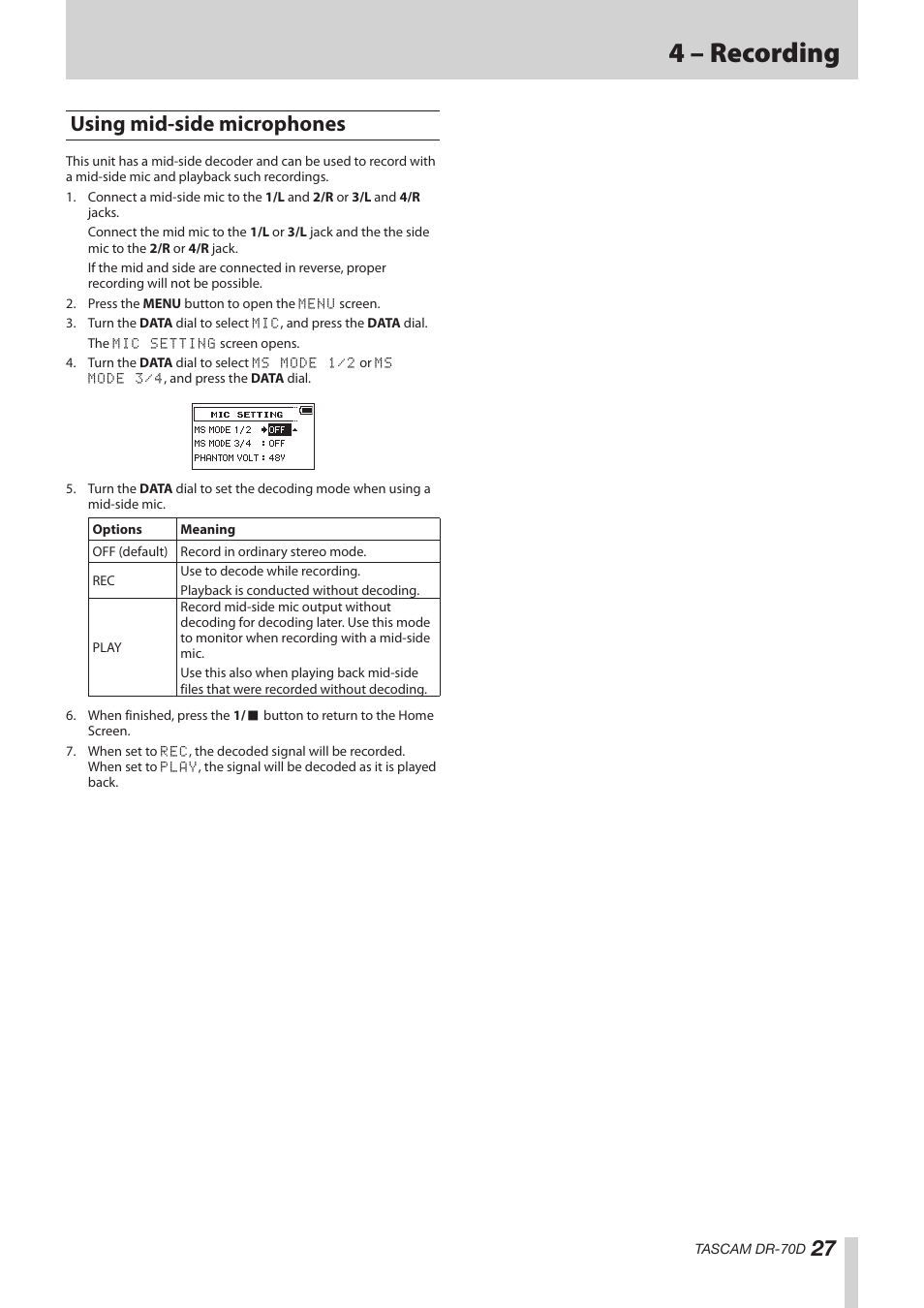 Using mid-side microphones, 4 – recording | Teac DR-70D Reference Manual User Manual | Page 27 / 42