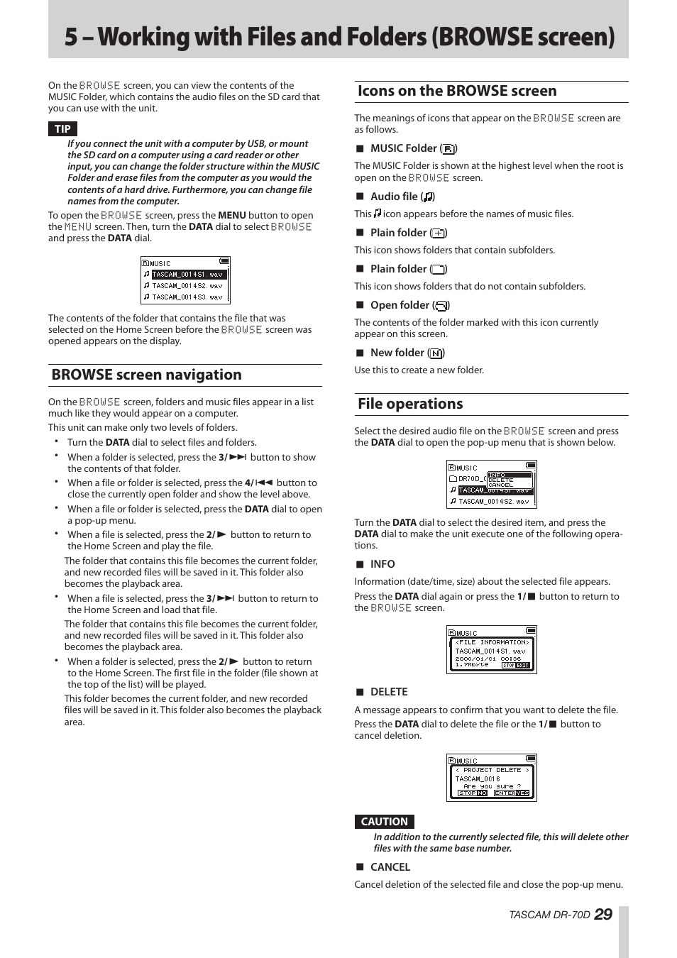 5 – working with files and folders (browse screen), Browse screen navigation, Icons on the browse screen | File operations, 5 – working with files and folders, Browse screen) | Teac DR-70D Reference Manual User Manual | Page 29 / 42