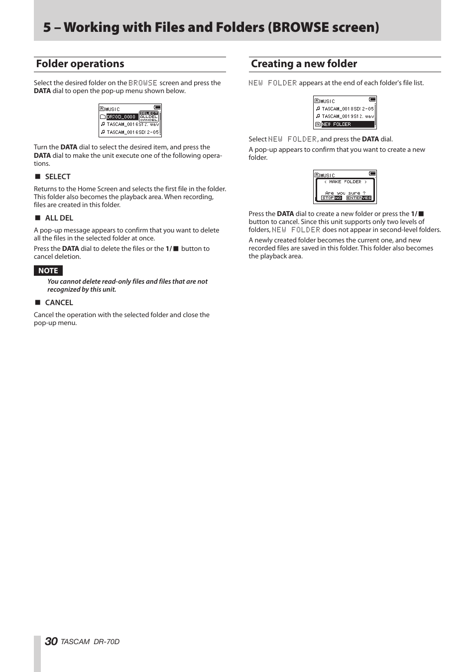 Folder operations, Creating a new folder, Folder operations creating a new folder | 5 – working with files and folders (browse screen) | Teac DR-70D Reference Manual User Manual | Page 30 / 42