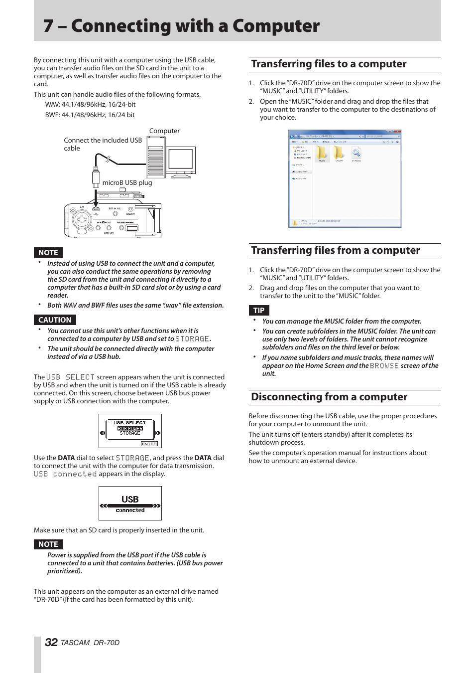 7 – connecting with a computer, Transferring files to a computer, Transferring files from a computer | Disconnecting from a computer | Teac DR-70D Reference Manual User Manual | Page 32 / 42