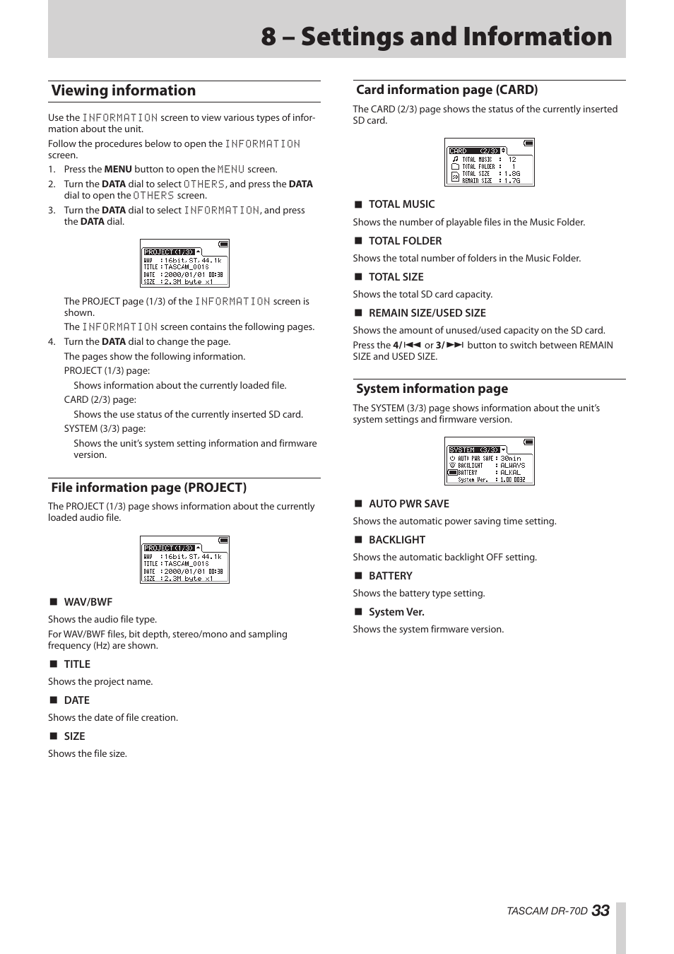 8 – settings and information, Viewing information, File information page (project) | Card information page (card), System information page | Teac DR-70D Reference Manual User Manual | Page 33 / 42