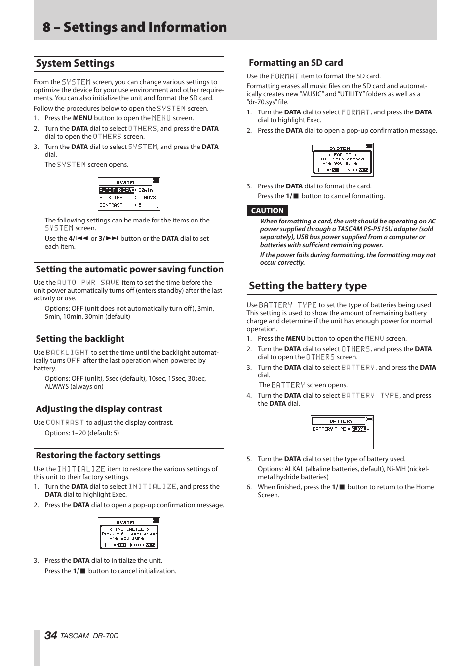 System settings, Setting the automatic power saving function, Setting the backlight | Adjusting the display contrast, Restoring the factory settings, Formatting an sd card, Setting the battery type, 8 – settings and information | Teac DR-70D Reference Manual User Manual | Page 34 / 42