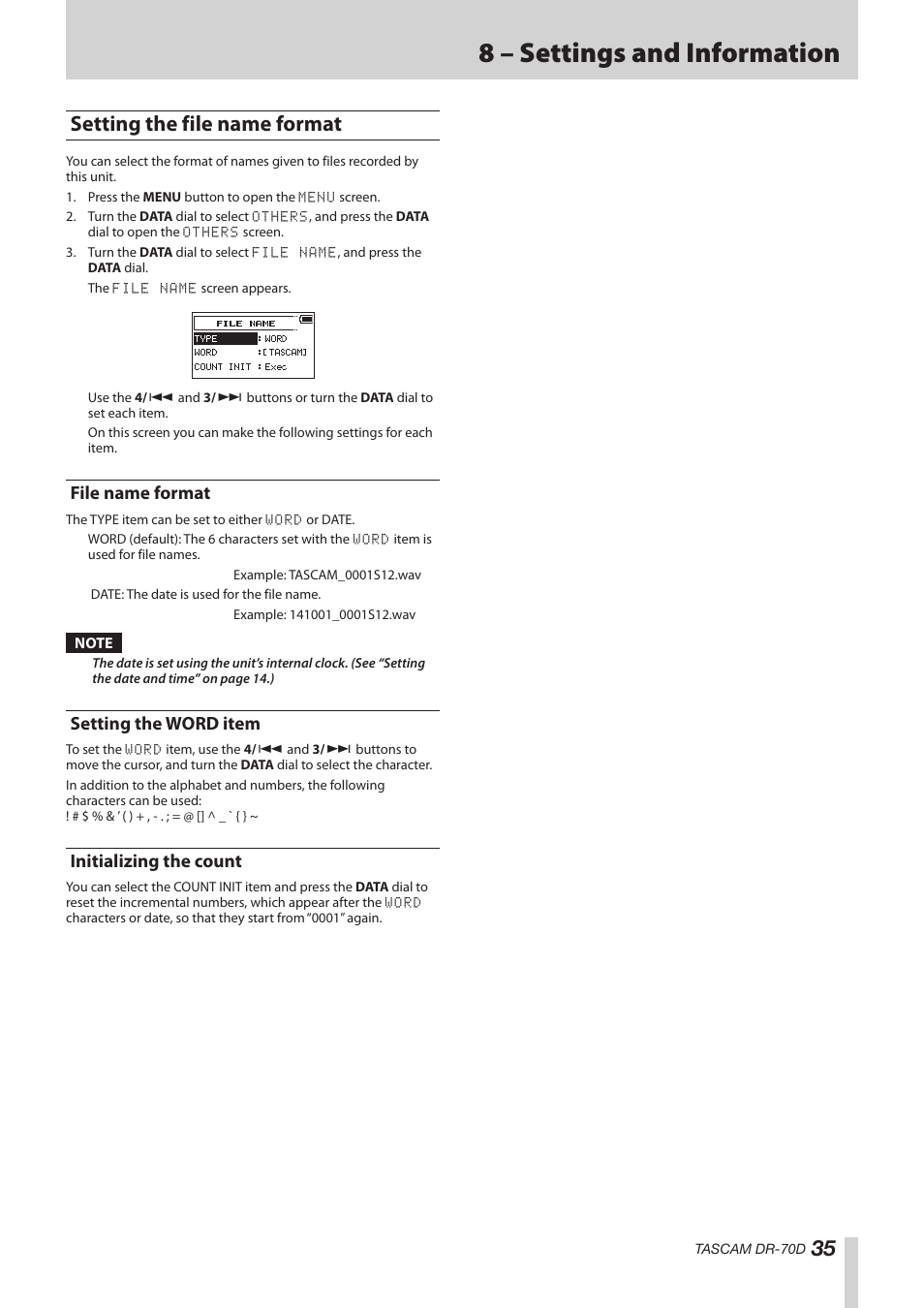 Setting the file name format, File name format, Setting the word item | Initializing the count, 8 – settings and information | Teac DR-70D Reference Manual User Manual | Page 35 / 42