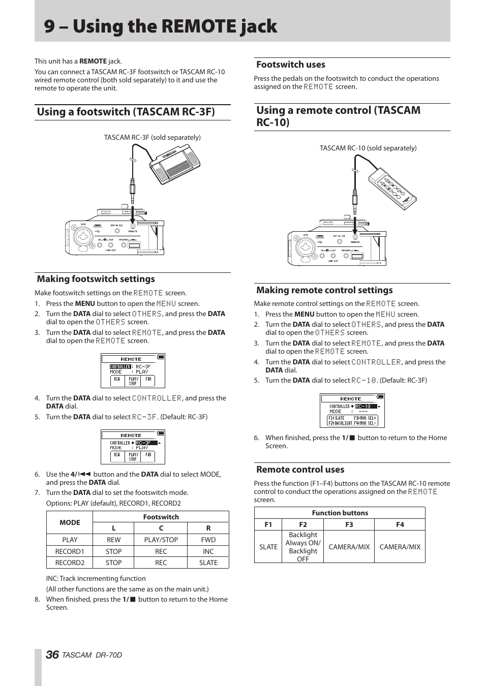 9 – using the remote jack, Using a footswitch (tascam rc-3f), Making footswitch settings | Footswitch uses, Using a remote control (tascam rc-10), Making remote control settings, Remote control uses, Making footswitch settings footswitch uses, Making remote control settings remote control uses | Teac DR-70D Reference Manual User Manual | Page 36 / 42