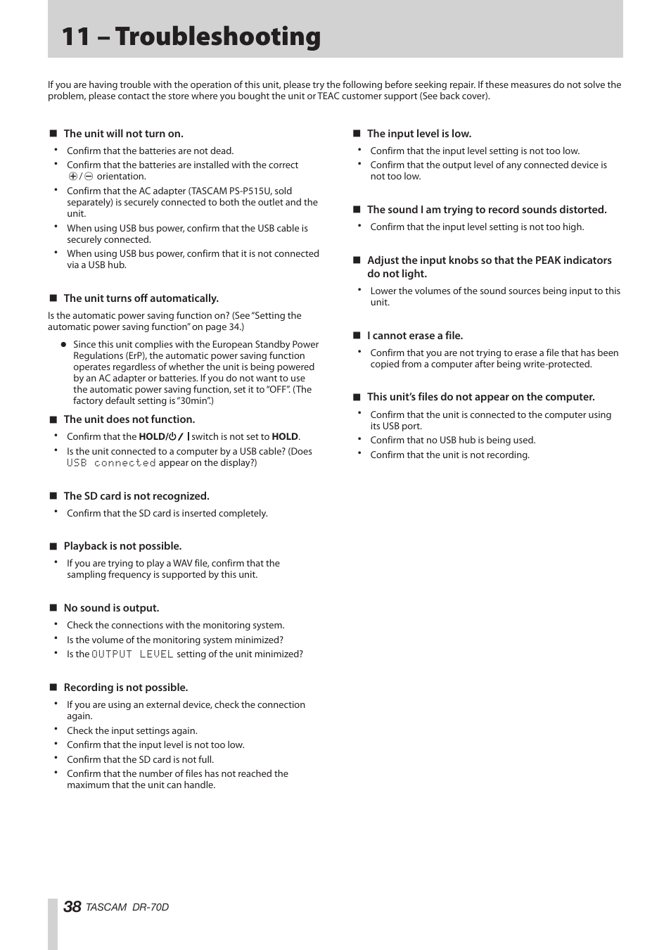 11 – troubleshooting | Teac DR-70D Reference Manual User Manual | Page 38 / 42