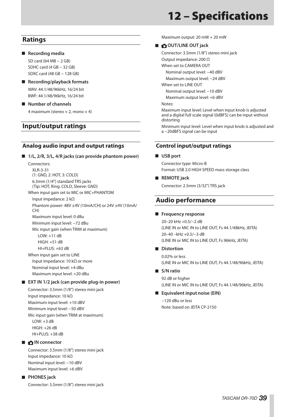 12 – specifications, Ratings, Input/output ratings | Analog audio input and output ratings, Control input/output ratings, Audio performance, Ratings input/output ratings | Teac DR-70D Reference Manual User Manual | Page 39 / 42