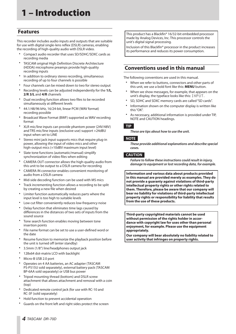 1 – introduction, Features, Conventions used in this manual | Features conventions used in this manual | Teac DR-70D Reference Manual User Manual | Page 4 / 42