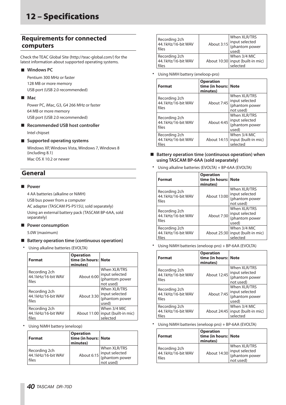 Requirements for connected computers, General, Requirements for connected computers general | 12 – specifications | Teac DR-70D Reference Manual User Manual | Page 40 / 42