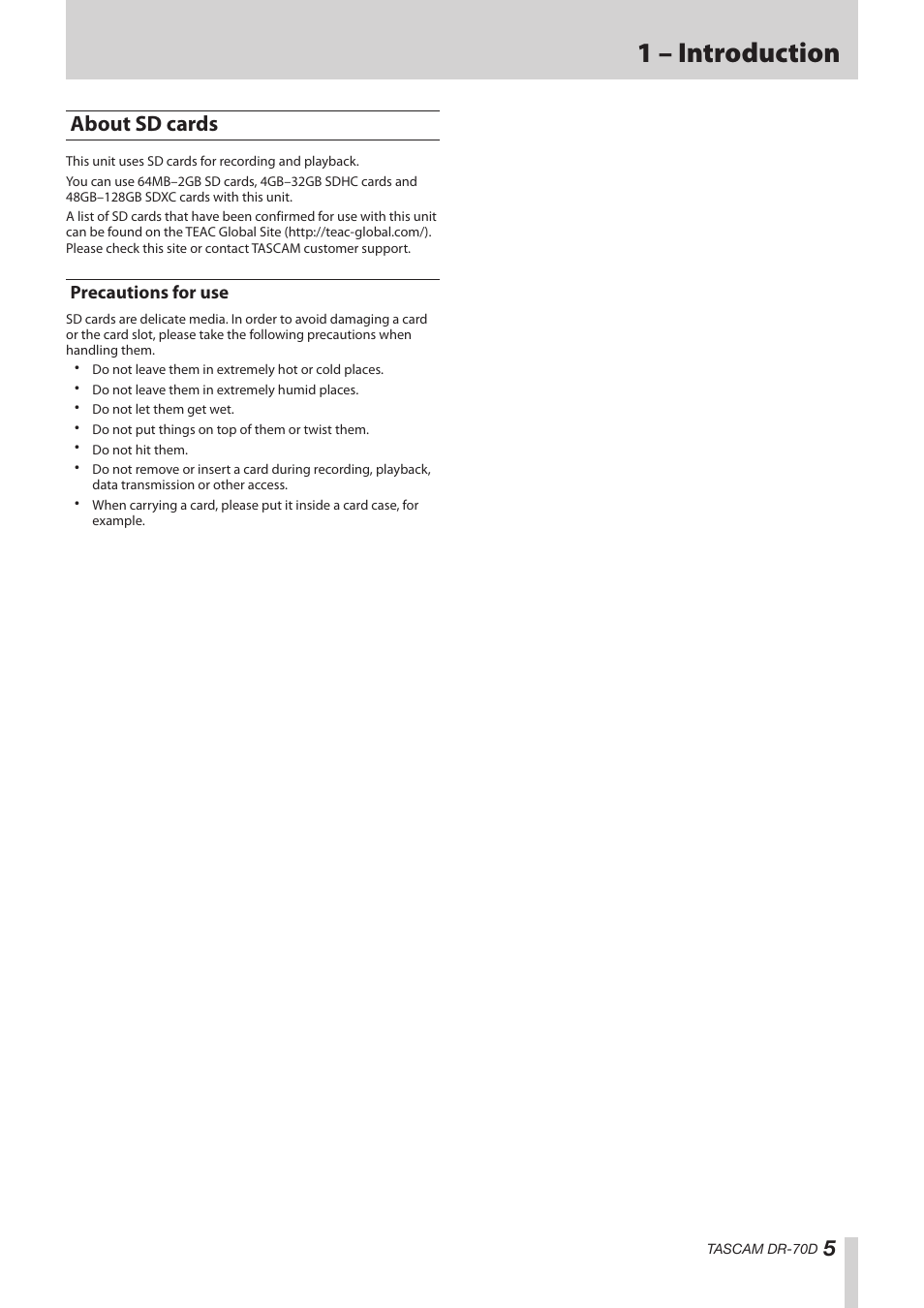 About sd cards, Precautions for use, 1 – introduction | Teac DR-70D Reference Manual User Manual | Page 5 / 42