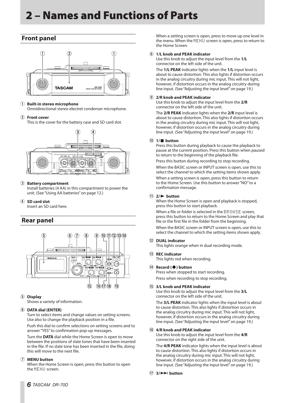 2 – names and functions of parts, Front panel, Rear panel | Front panel rear panel | Teac DR-70D Reference Manual User Manual | Page 6 / 42