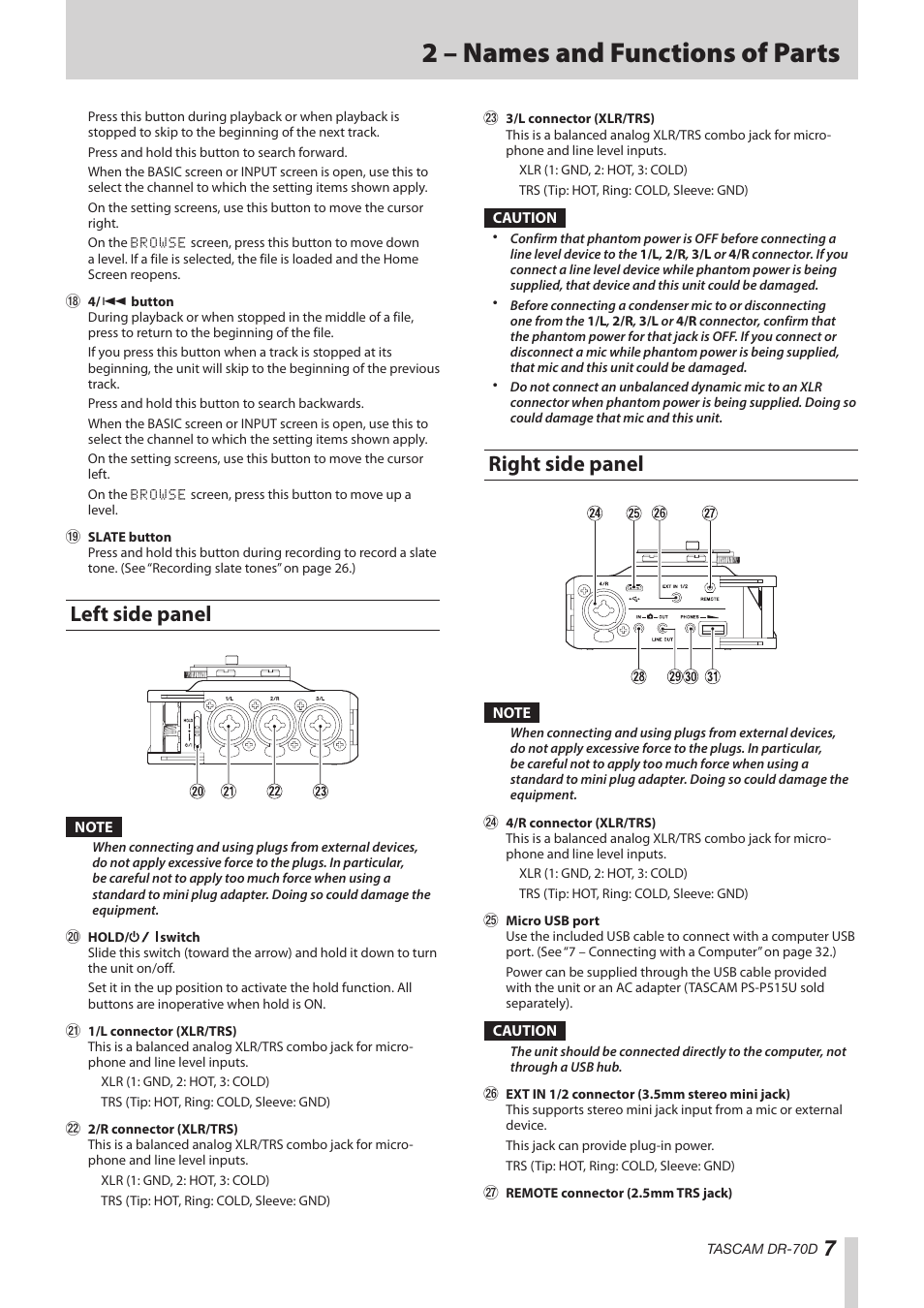 Left side panel, Right side panel, Left side panel right side panel | 2 – names and functions of parts | Teac DR-70D Reference Manual User Manual | Page 7 / 42