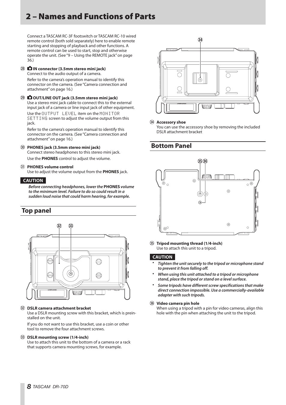 Top panel, Bottom panel, Top panel bottom panel | 2 – names and functions of parts | Teac DR-70D Reference Manual User Manual | Page 8 / 42