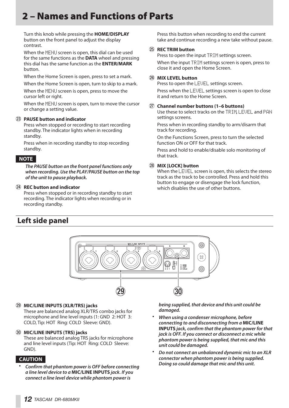 Left side panel, 2 – names and functions of parts | Teac DR-680MKII User Manual | Page 12 / 60