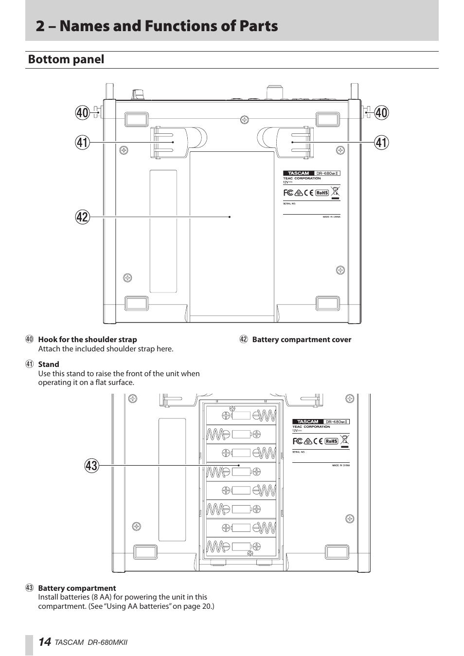 Bottom panel, 2 – names and functions of parts | Teac DR-680MKII User Manual | Page 14 / 60