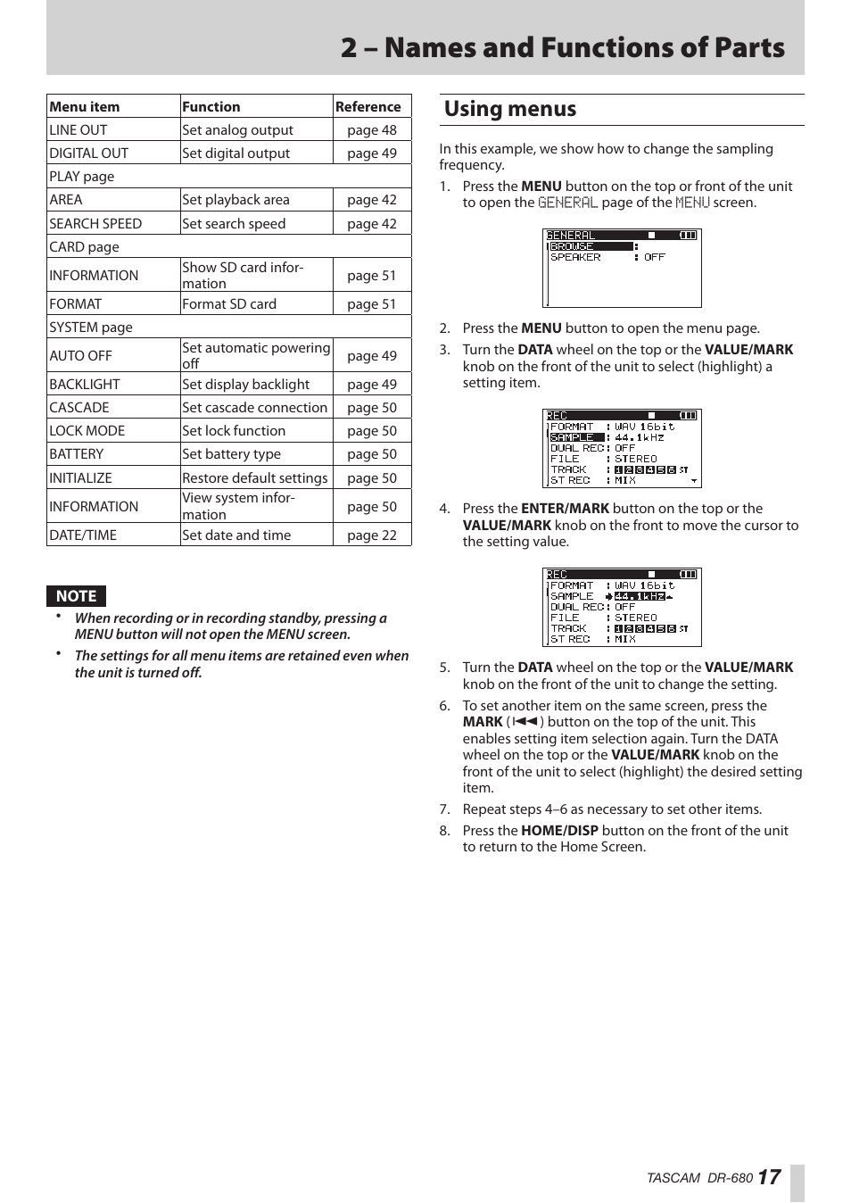 Using menus, 2 – names and functions of parts | Teac DR-680MKII User Manual | Page 17 / 60