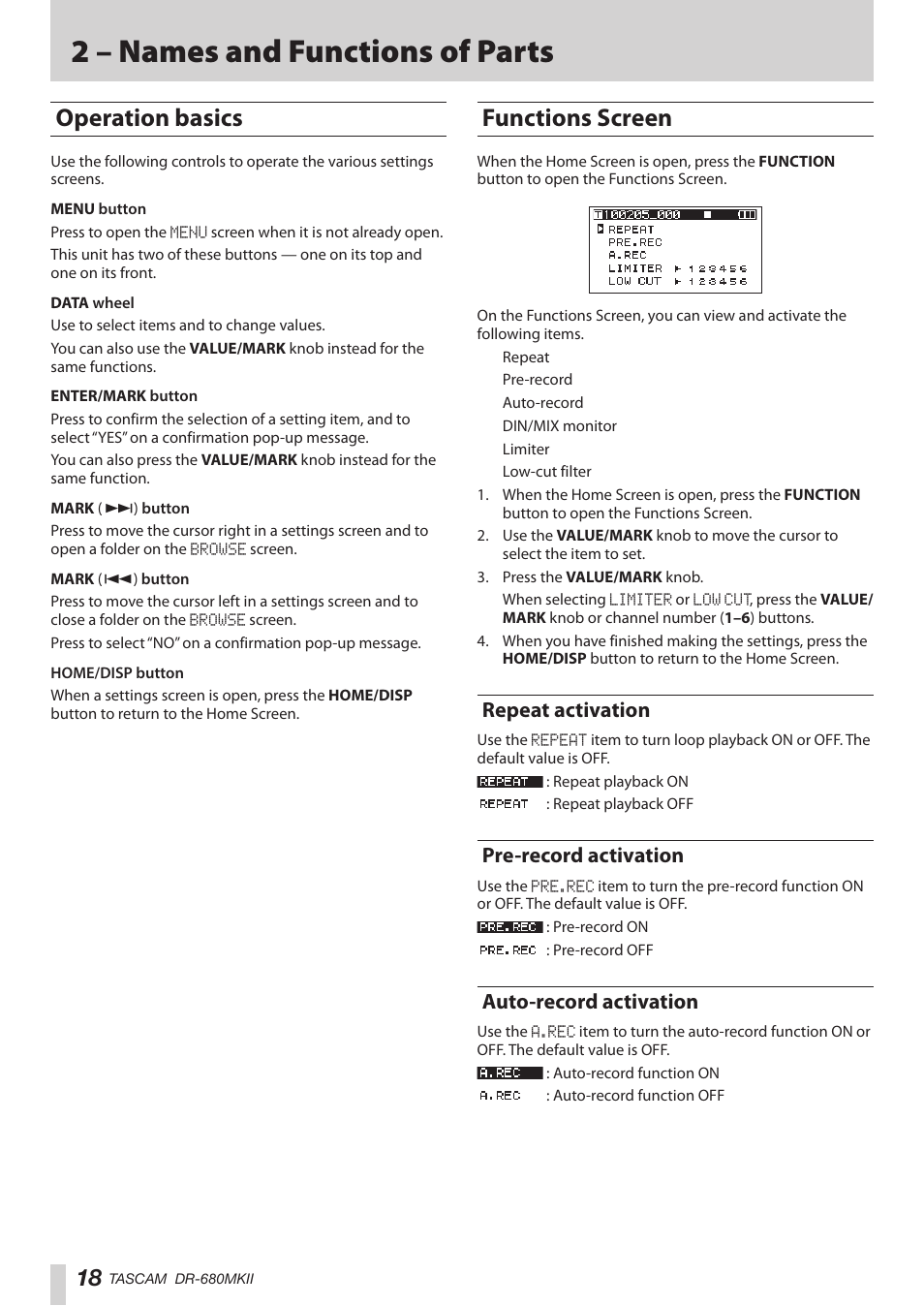 Operation basics, Functions screen, Repeat activation | Pre-record activation, Auto-record activation, Operation basics functions screen, 2 – names and functions of parts | Teac DR-680MKII User Manual | Page 18 / 60