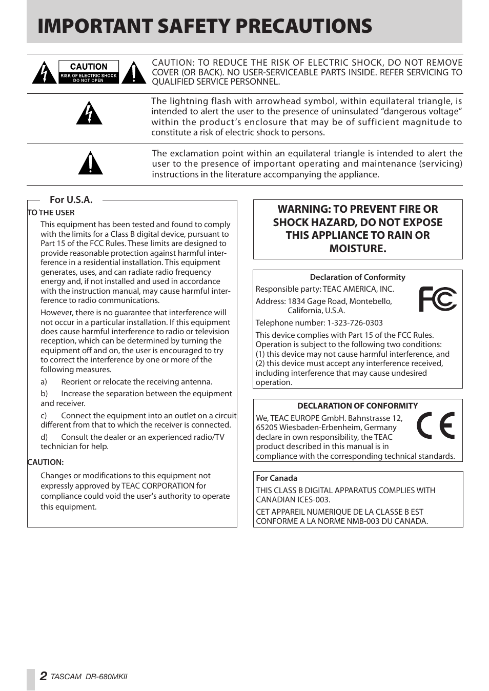 Important safety precautions | Teac DR-680MKII User Manual | Page 2 / 60