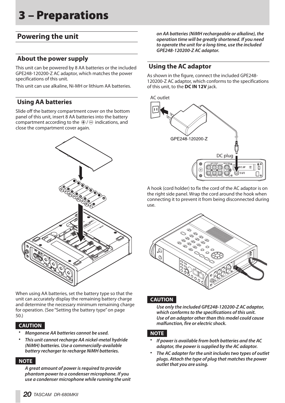 3 – preparations, Powering the unit, About the power supply | Using aa batteries, Using the ac adaptor | Teac DR-680MKII User Manual | Page 20 / 60