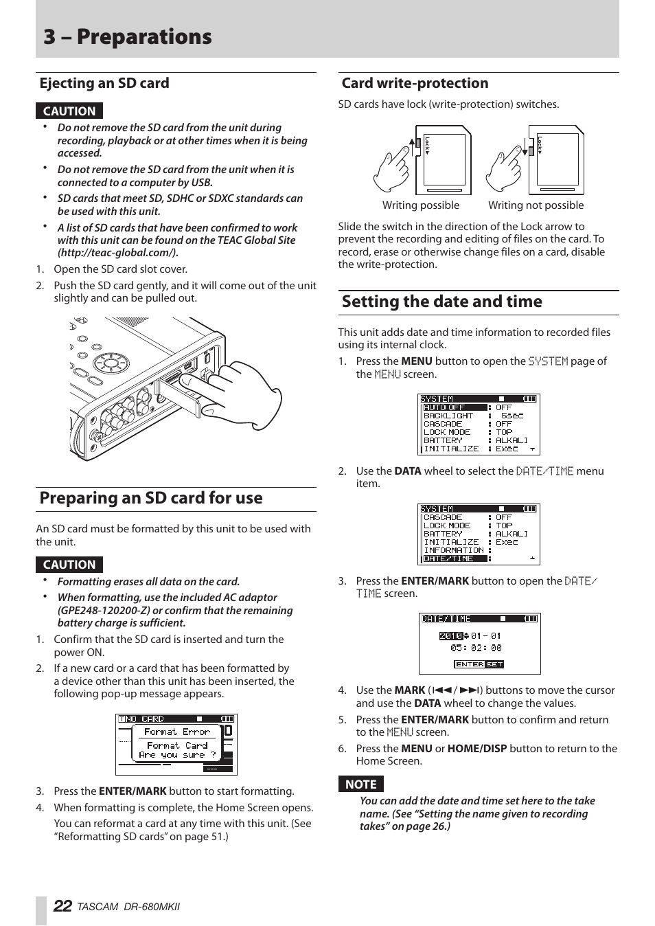 Ejecting an sd card, Preparing an sd card for use, Card write-protection | Setting the date and time, 3 – preparations | Teac DR-680MKII User Manual | Page 22 / 60