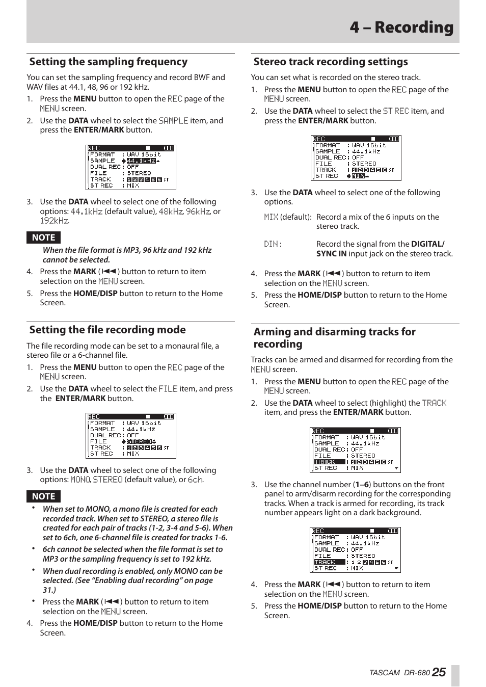 Setting the sampling frequency, Setting the file recording mode, Stereo track recording settings | Arming and disarming tracks for recording, For recording, 4 – recording | Teac DR-680MKII User Manual | Page 25 / 60