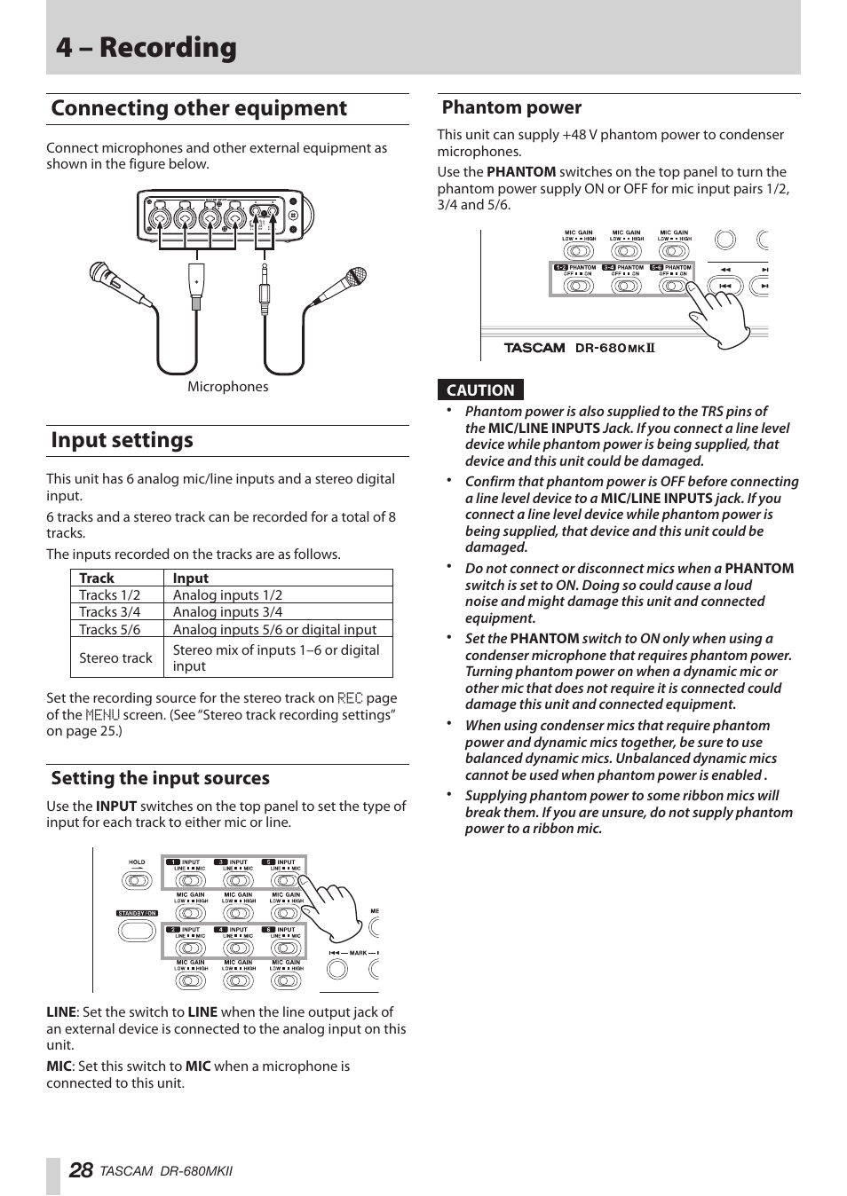 Connecting other equipment, Input settings, Setting the input sources | Phantom power, Connecting other equipment input settings, Setting the input sources phantom power, 4 – recording | Teac DR-680MKII User Manual | Page 28 / 60