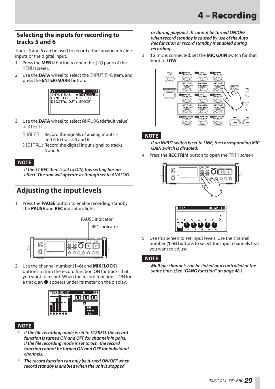Adjusting the input levels, Selecting the inputs for recording, To tracks 5 and 6 | 4 – recording | Teac DR-680MKII User Manual | Page 29 / 60