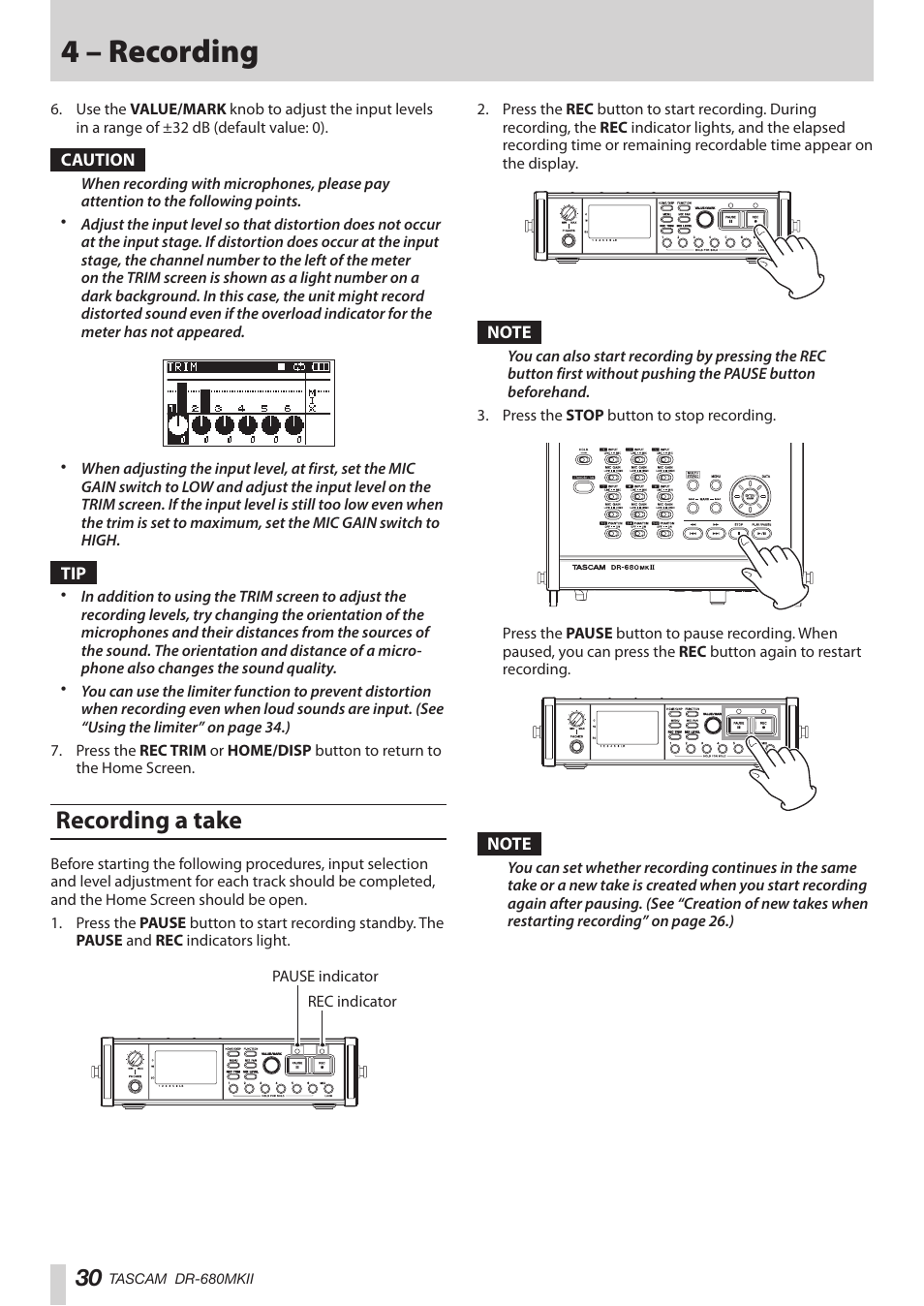 Recording a take, 4 – recording | Teac DR-680MKII User Manual | Page 30 / 60