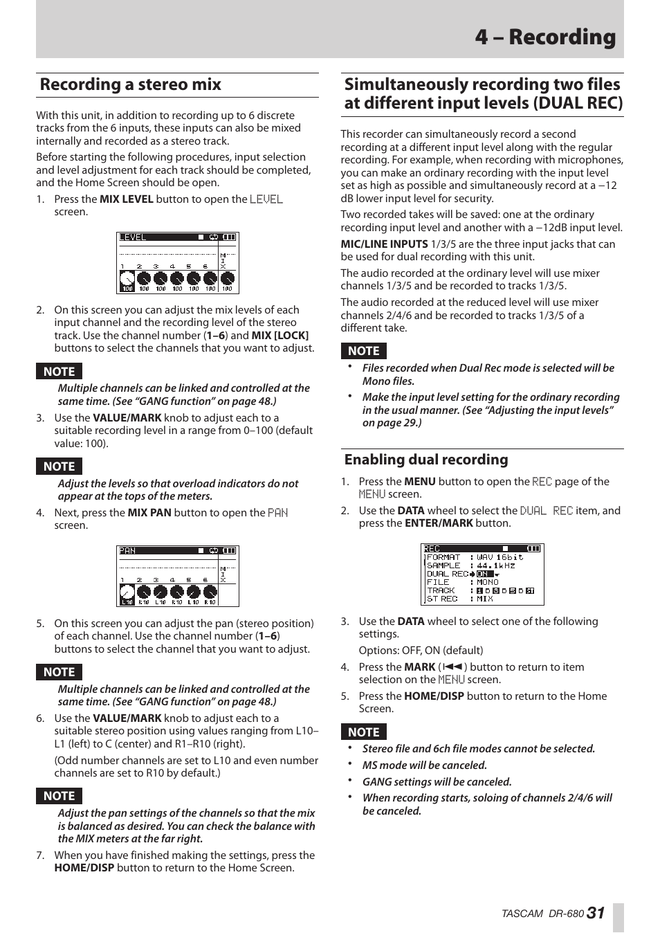 Recording a stereo mix, Enabling dual recording, At different input levels (dual rec) | 4 – recording | Teac DR-680MKII User Manual | Page 31 / 60