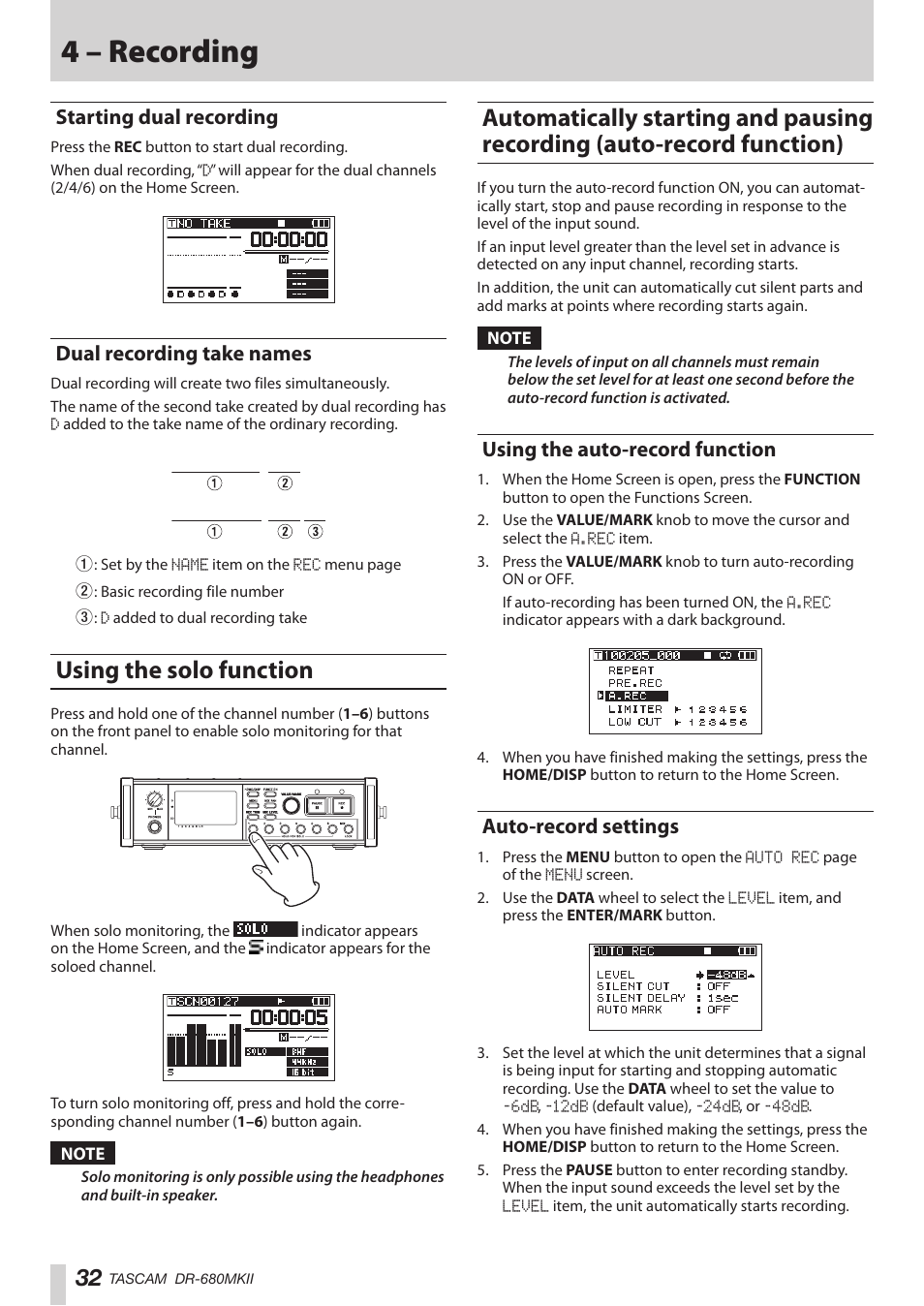 Starting dual recording, Dual recording take names, Using the solo function | Using the auto-record function, Auto-record settings, Starting dual recording dual recording take names, Auto-record function), 4 – recording | Teac DR-680MKII User Manual | Page 32 / 60